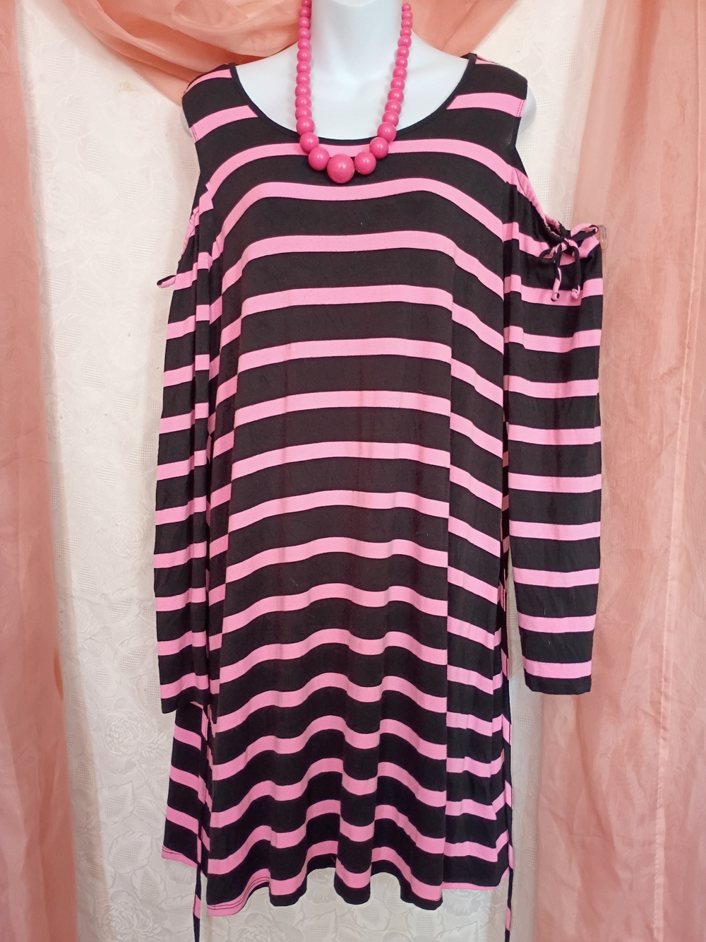 Justice Ladies Pink and Black Striped Cold-Shoulder Dress Sz 22